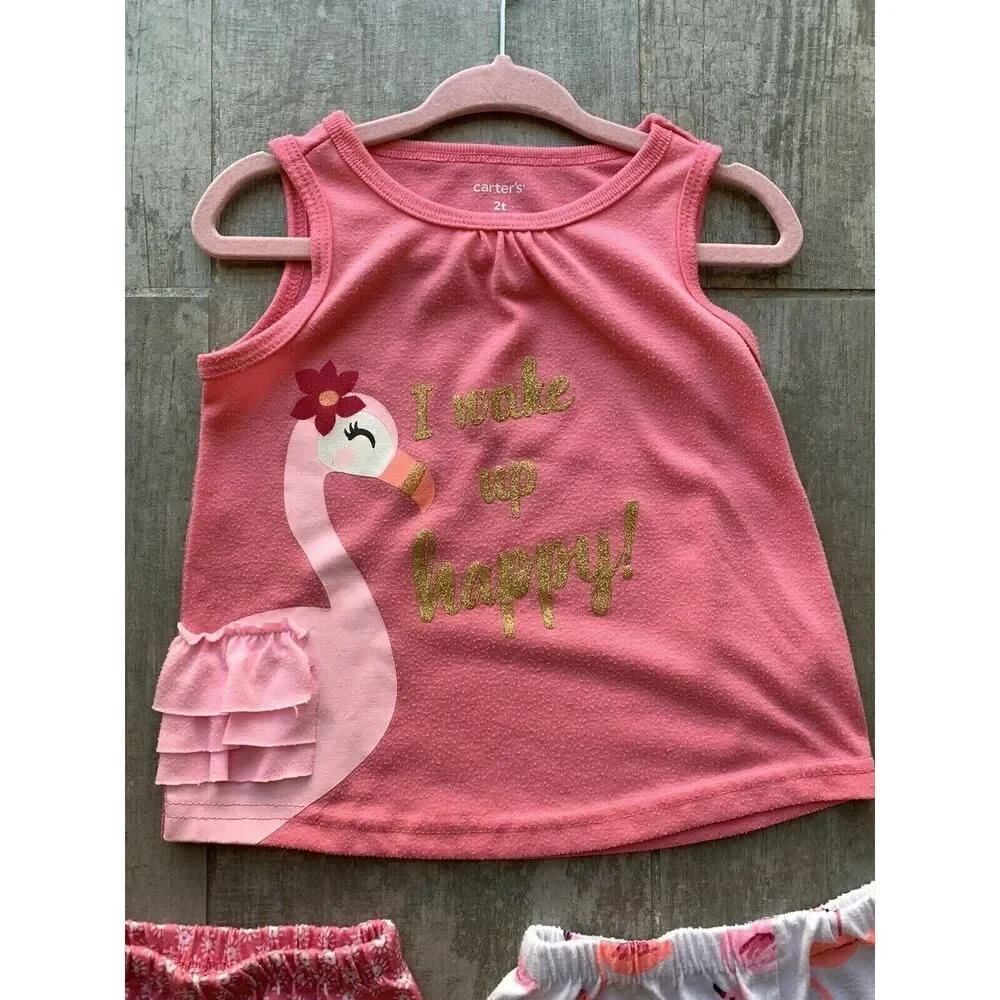 Toddler Girl Flamingo Top & Shorts Pajama 3 Piece Set Pink White Gold Glitter 2T